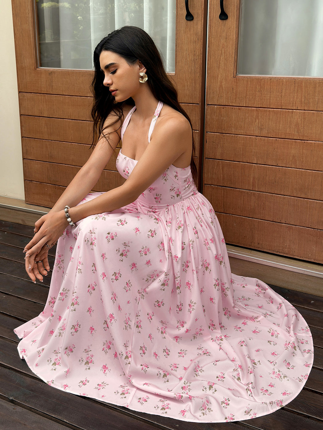 Backless Halter Pocket Floral Print Midi Dress