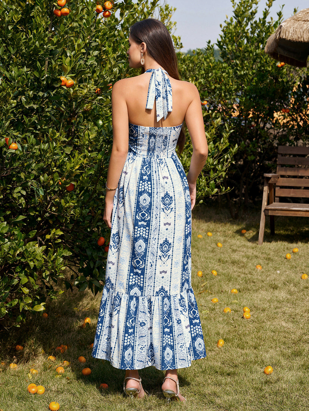 Halter Ruched Backless Ruffle Hem Maxi Dress#color_navyf