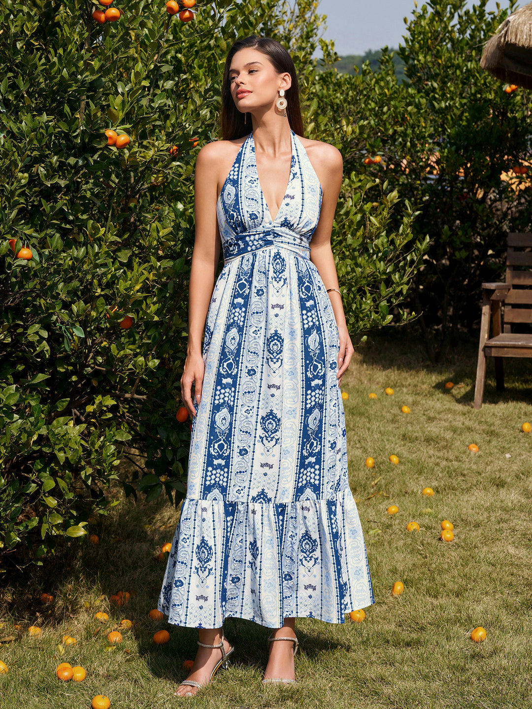 Ruched Backless Halter Ruffle Hem Maxi Dress#color_navyf