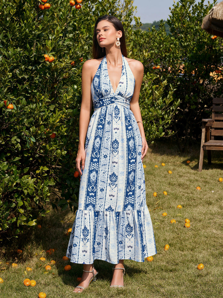 Ruched Backless Halter Ruffle Hem Maxi Dress#color_navyf