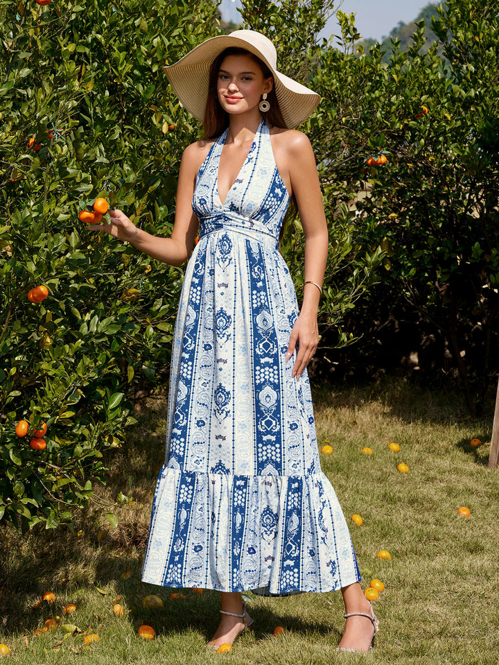 Ruched Halter Backless Ruffle Hem Maxi Dress#color_navyf