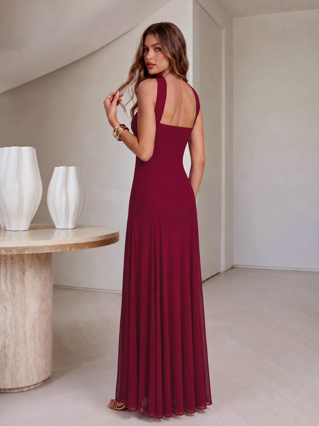 Halter Ruched Backless Solid Mesh Dress