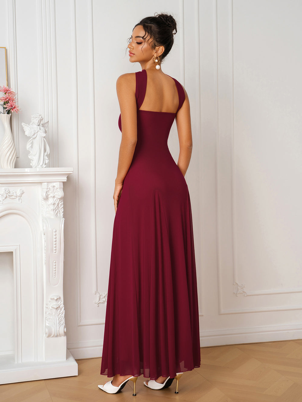 Halter Ruched Backless Solid Mesh Dress#color_wine