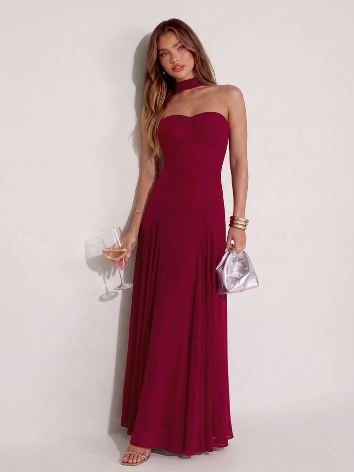 Ruched Backless Halter Solid Mesh Dress