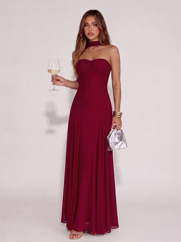Ruched Halter Backless Solid Mesh Dress