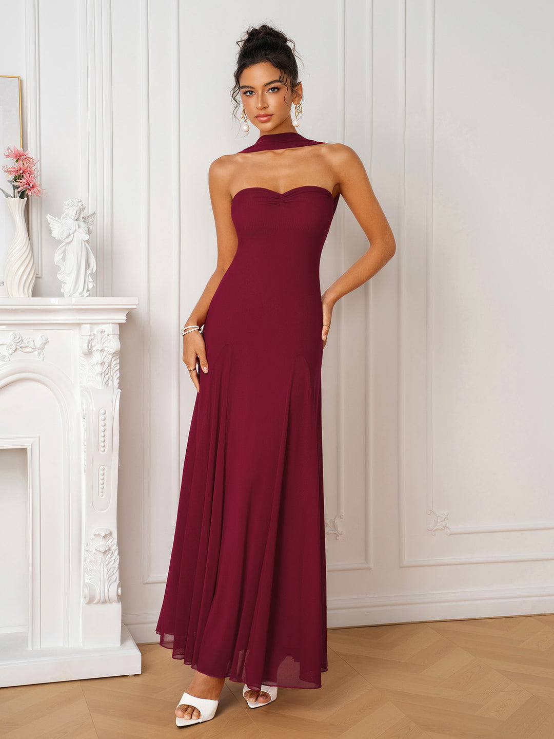 Ruched Halter Backless Solid Mesh Dress
