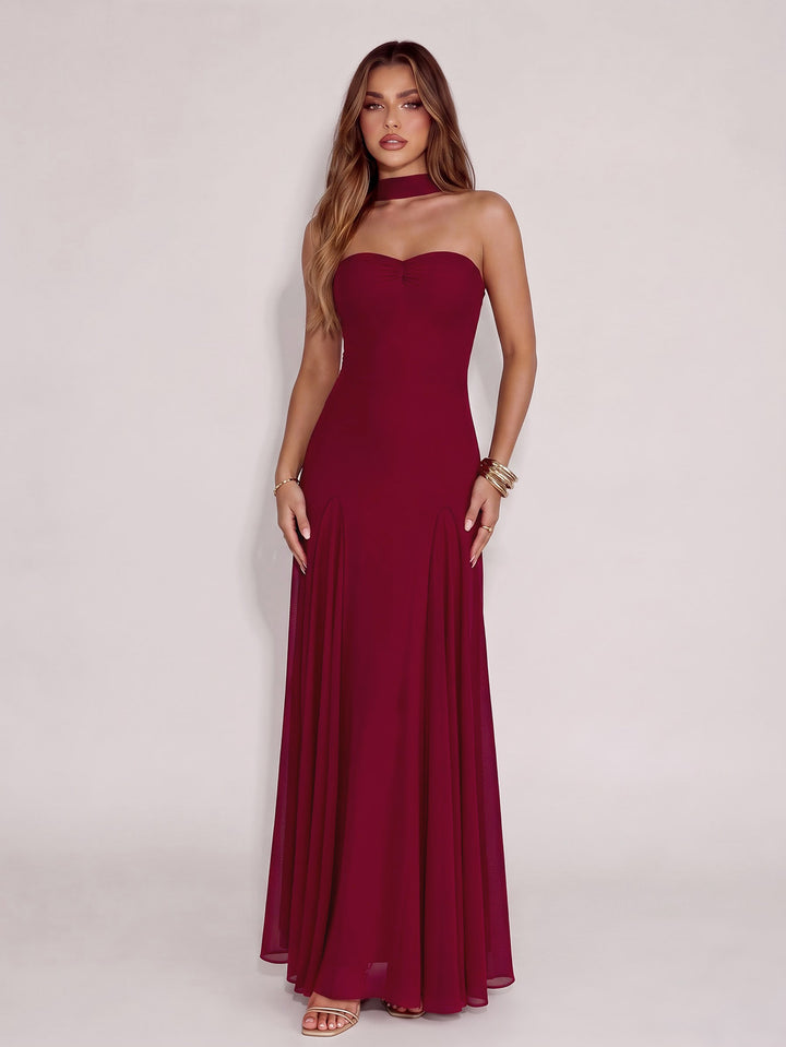 Halter Backless Ruched Solid Mesh Dress
