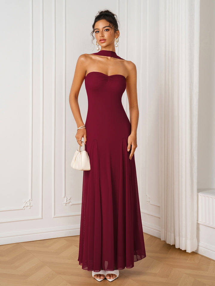 Halter Backless Ruched Solid Mesh Dress