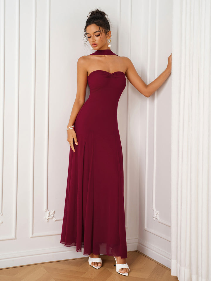 Backless Ruched Halter Solid Mesh Dress