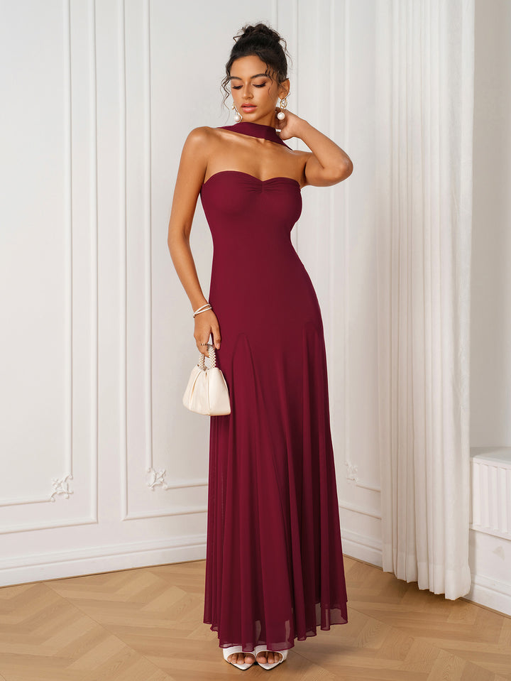 Backless Halter Ruched Solid Mesh Dress