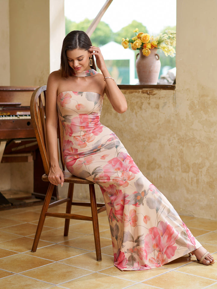 Backless Split Halter Bodycon Floral Print Maxi Dress
