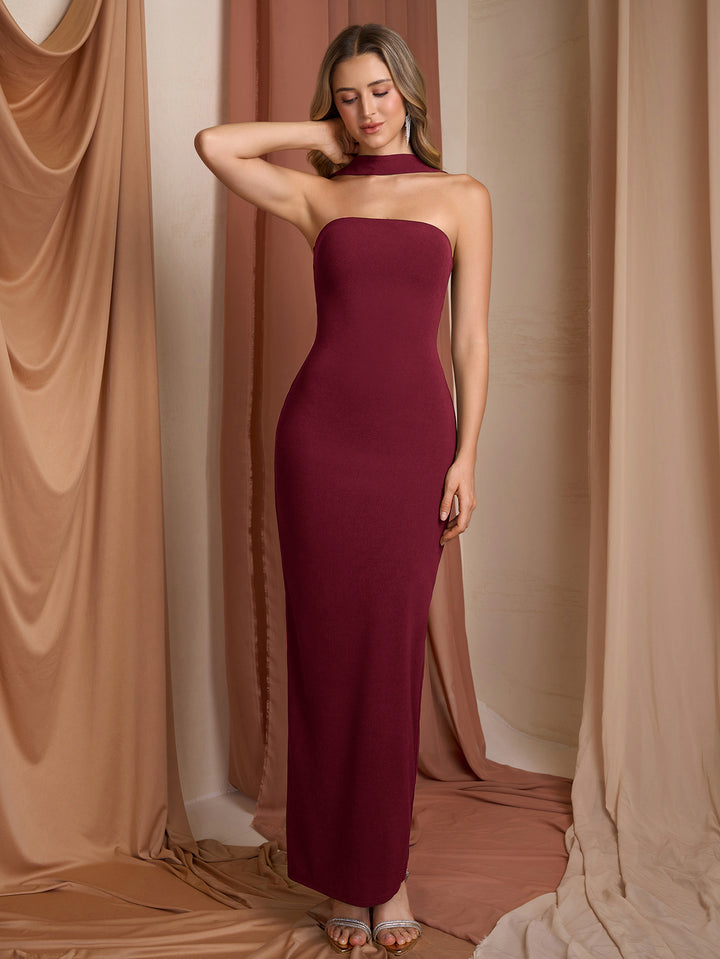 Split Backless Halter Bodycon Long Dress#color_wine