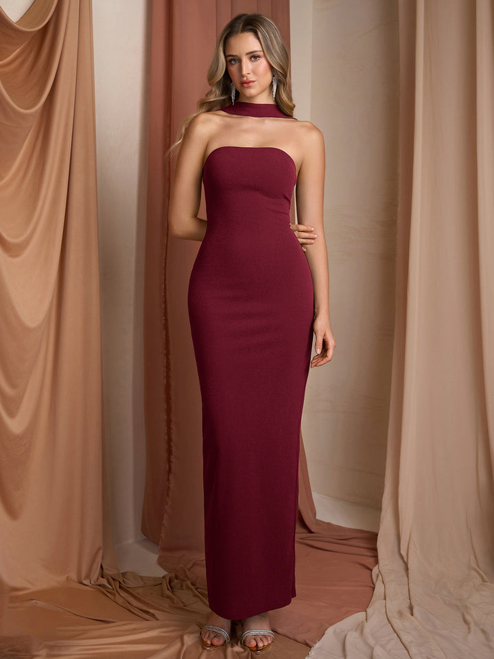 Split Halter Backless Bodycon Long Dress#color_wine