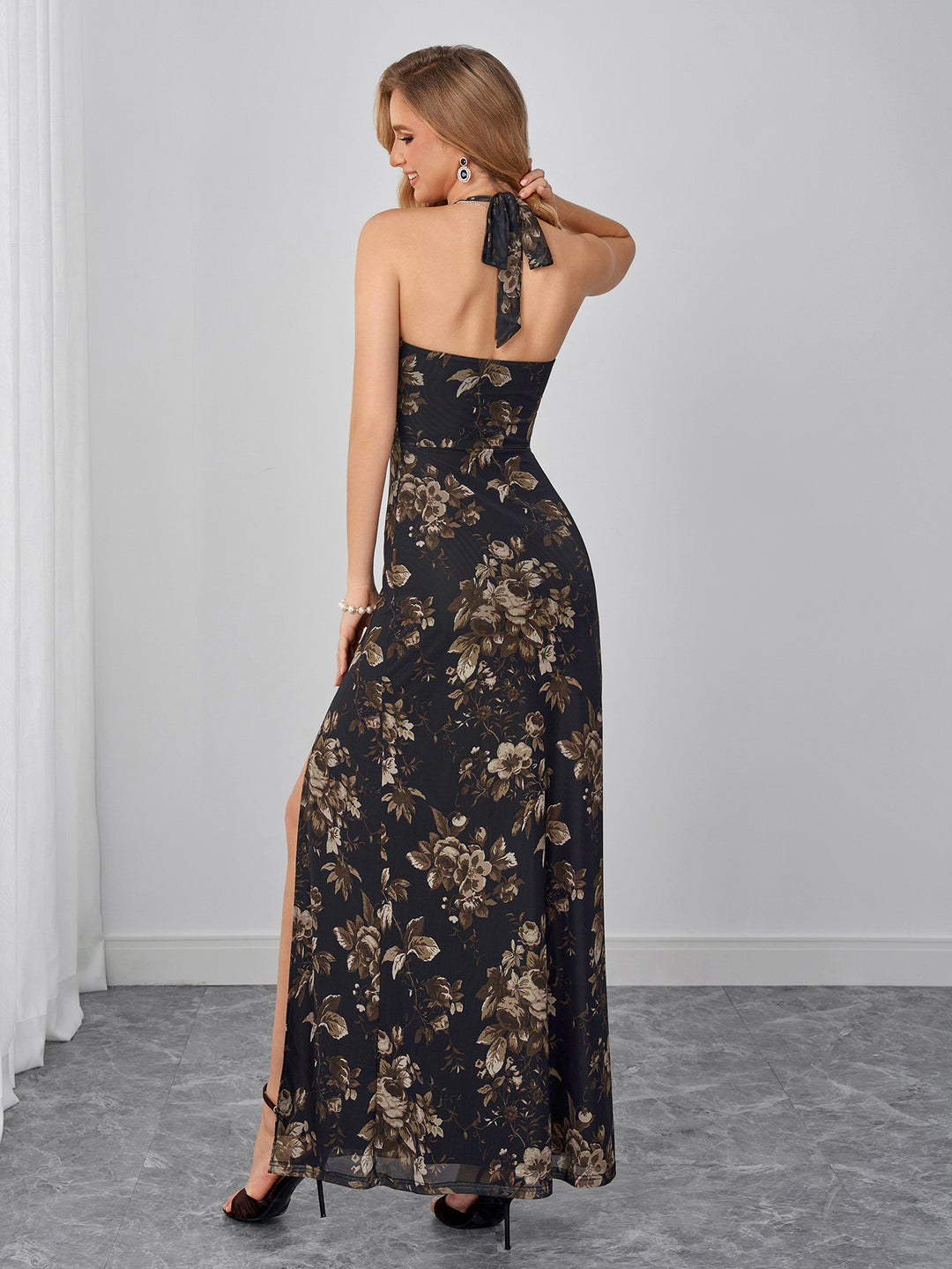 Halter Split Backless Floral Print Mesh Dress