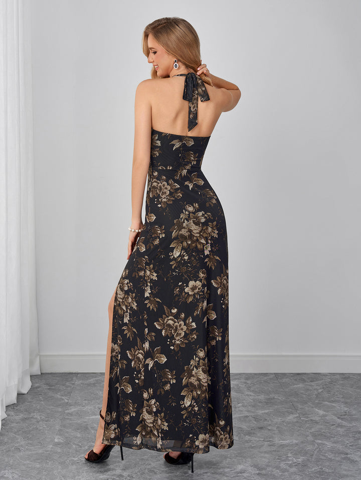 Halter Split Backless Floral Print Mesh Dress