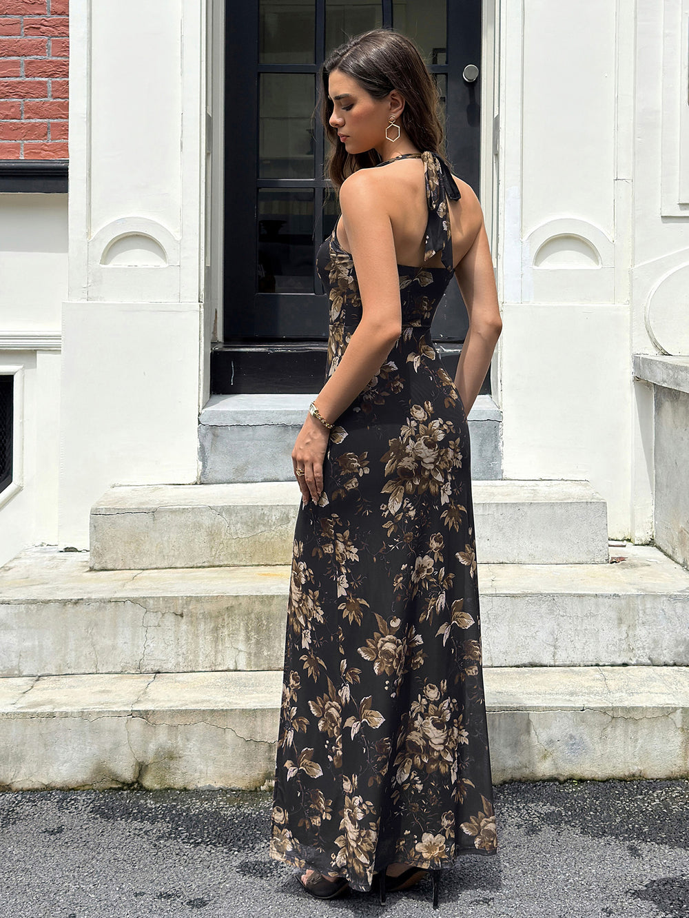 Halter Split Backless Floral Print Mesh Dress#color_blackfloral