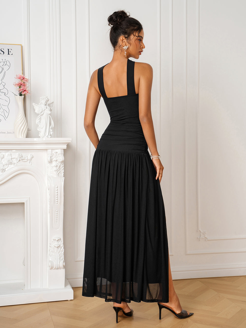 Halter Twist Front Backless Split Mesh Dress#color_black