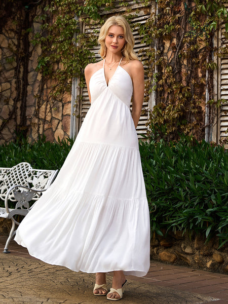 Halter Bow Tie Back Ruched Bust Maxi Dress, White / XS