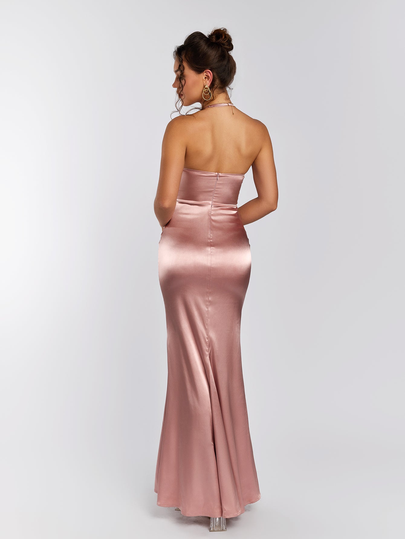 corset halter backless satin dress#color_pink