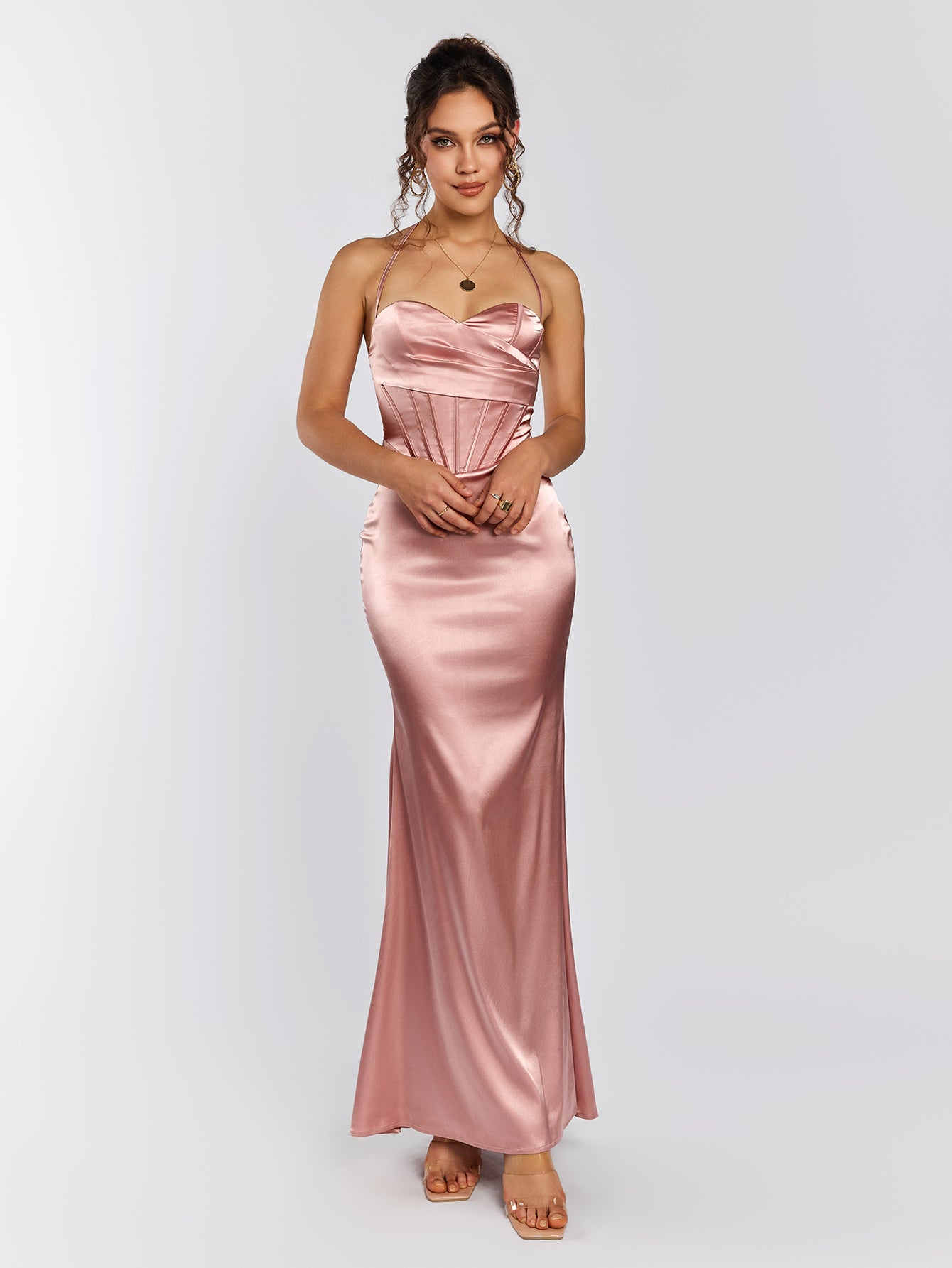halter corset backless satin dress#color_pink