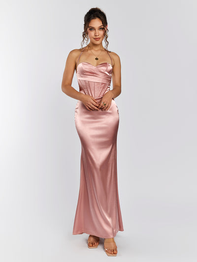 halter corset backless satin dress#color_pink