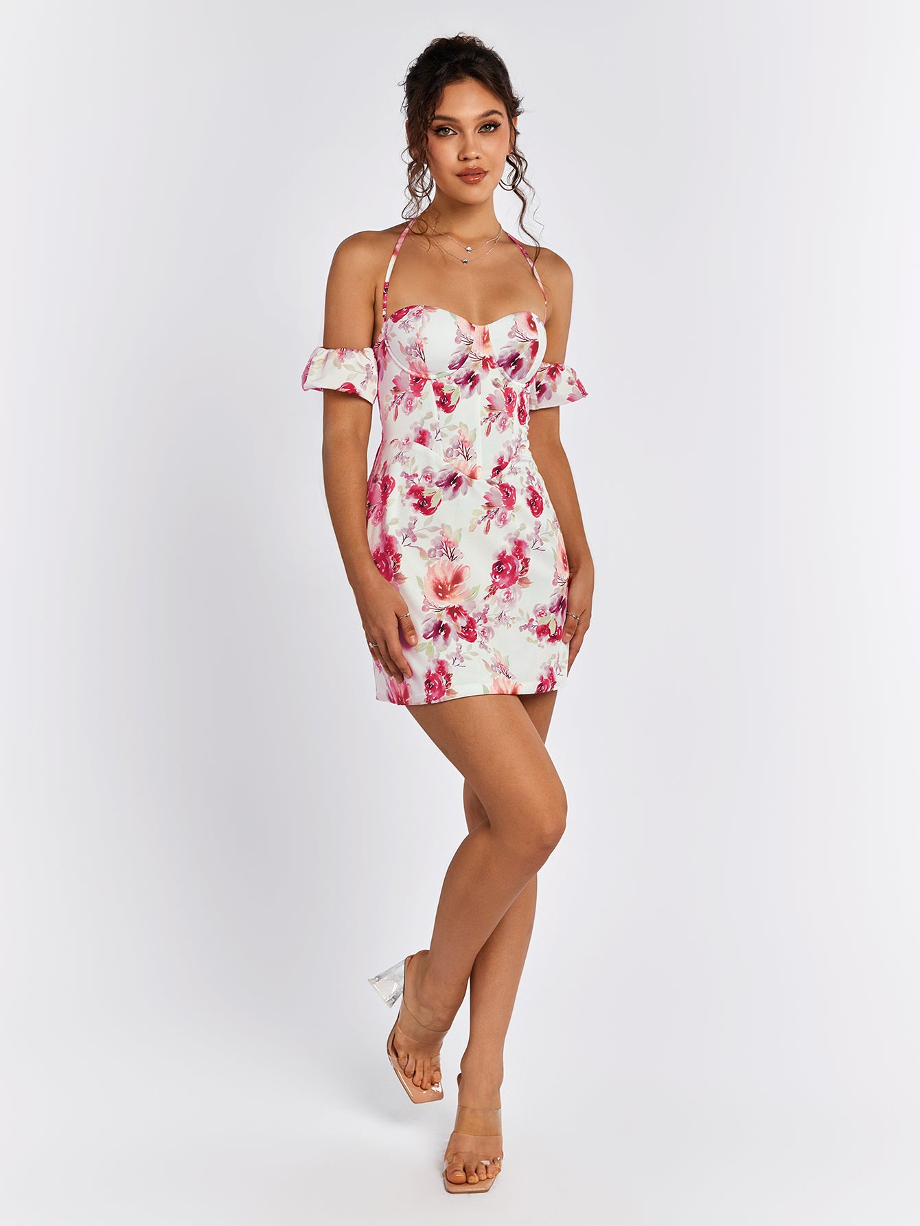 corset floral halter mini dress#color_white