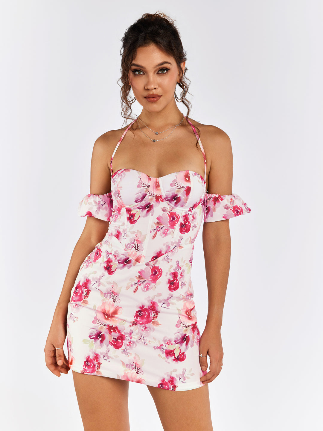Halter Corset Floral Mini Dress, White / XS Halter Corset Floral Mini Dress, White / XS