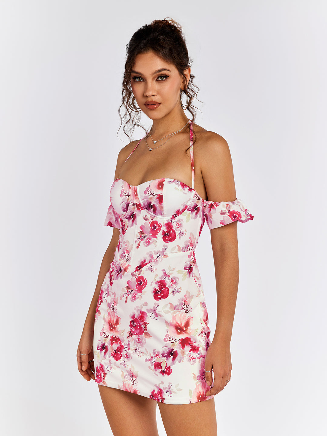 Halter Corset Floral Mini Dress, White / XS Halter Corset Floral Mini Dress, White / XS