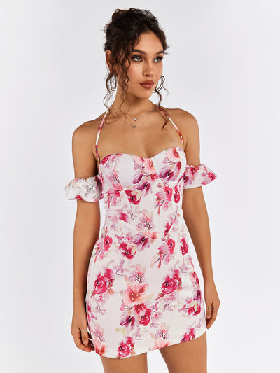 floral halter corset mini dress#color_white