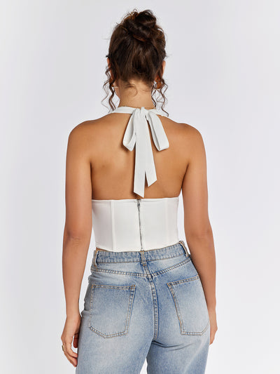 crisscross front halter zipper back top#color_white