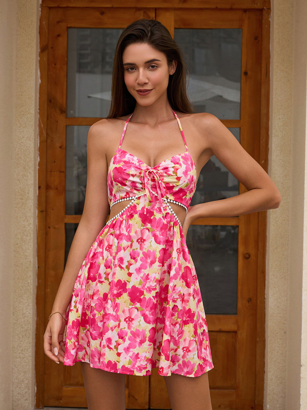 Ruched Cut Out Halter Tie Front Floral Print Dress#color_pinkfloral