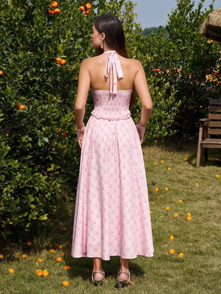 Halter Button Embellished Ruched Maxi Dress#color_pinkfloral