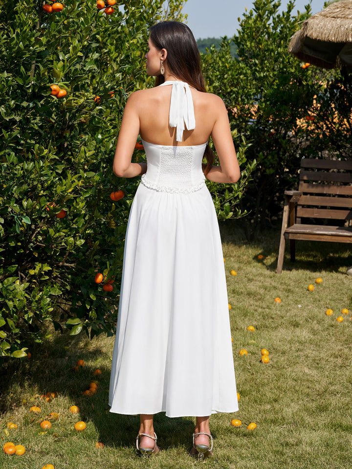 Halter Button Embellished Ruched Maxi Dress#color_white