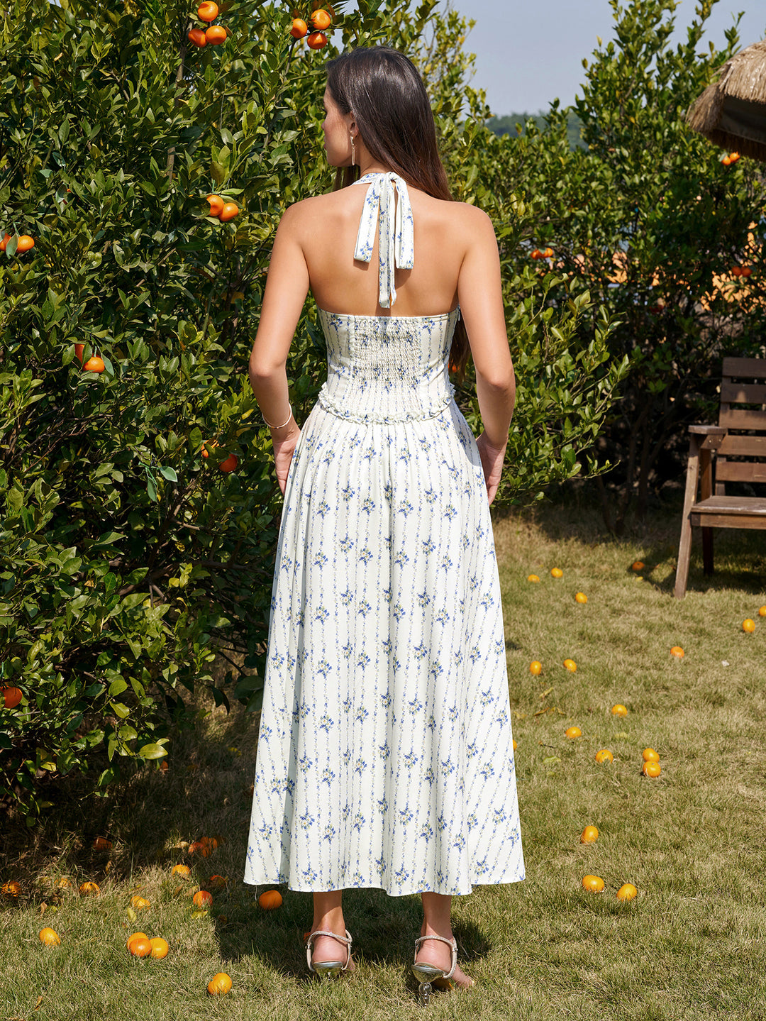 Halter Button Embellished Ruched Maxi Dress#color_bluefloral