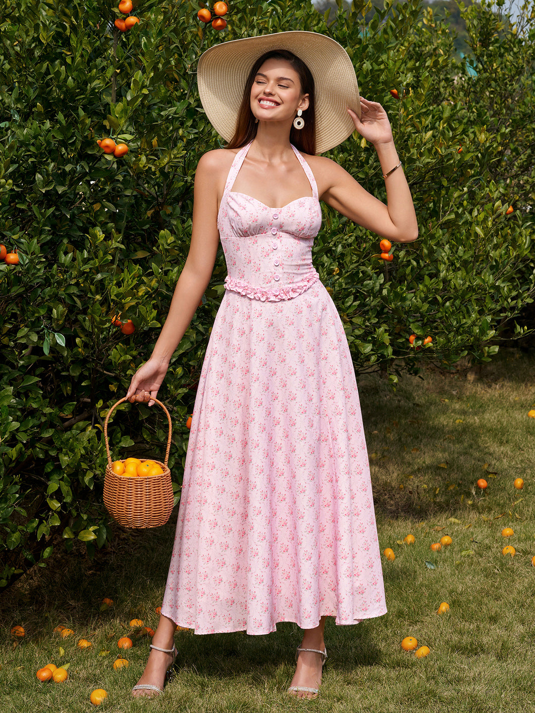 Button Embellished Halter Ruched Maxi Dress#color_pinkfloral