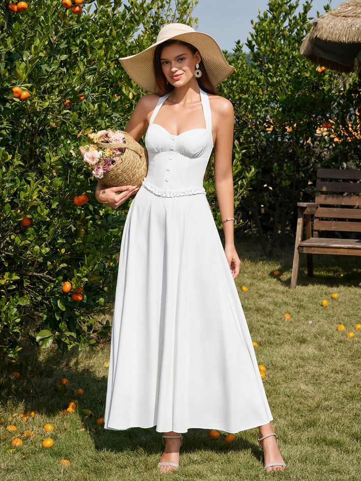 Button Halter Embellished Ruched Maxi Dress#color_white