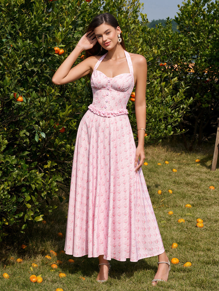 Halter Embellished Button Ruched Maxi Dress#color_pinkfloral