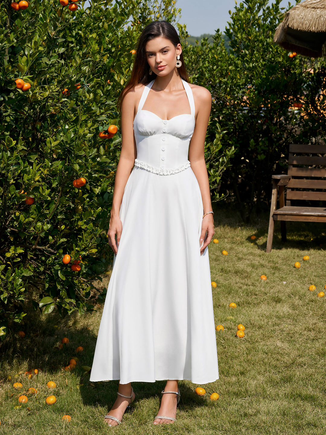 Halter Embellished Button Ruched Maxi Dress#color_white
