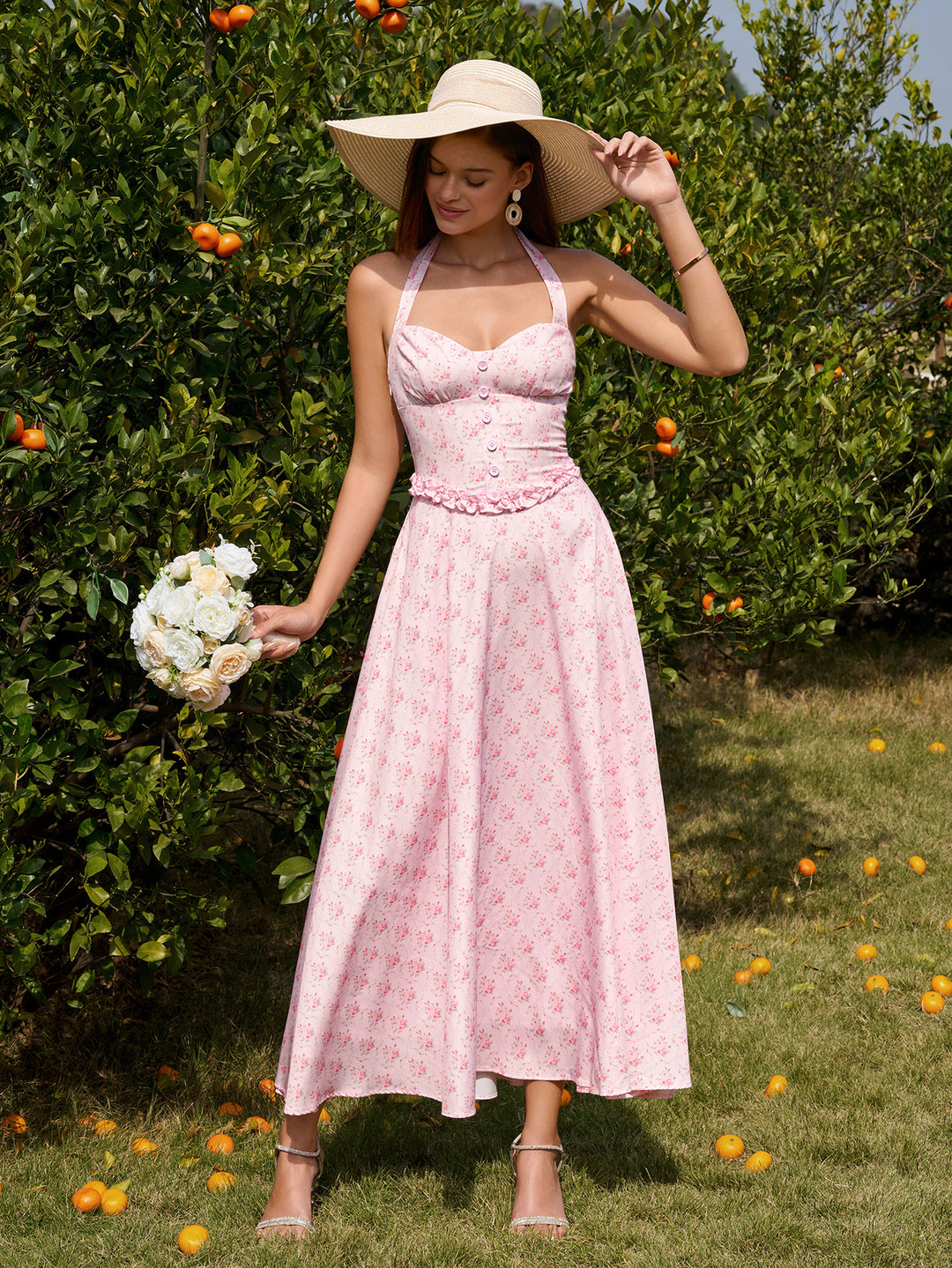 Embellished Button Halter Ruched Maxi Dress#color_pinkfloral