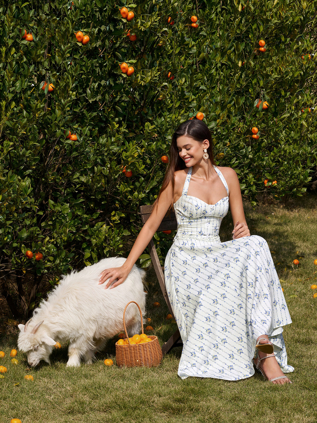 Embellished Button Halter Ruched Maxi Dress#color_bluefloral