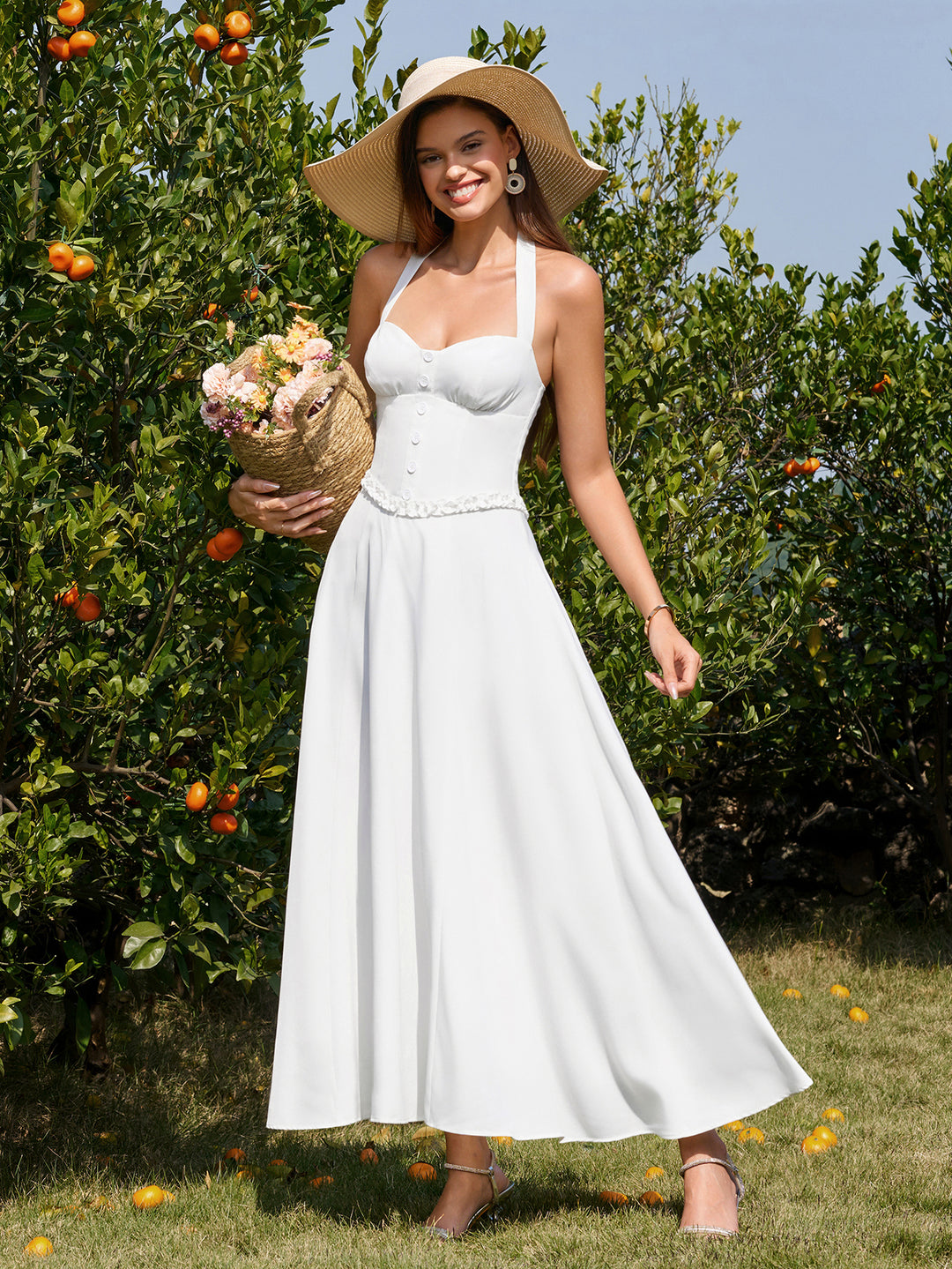 Embellished Button Halter Ruched Maxi Dress#color_white