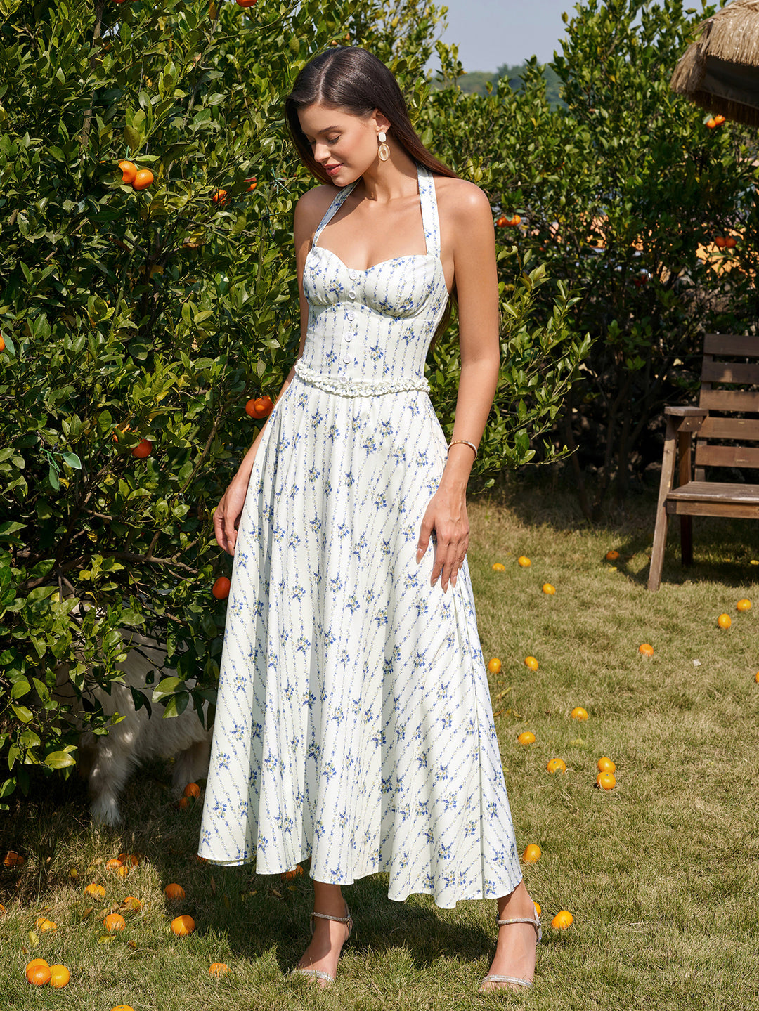 Embellished Halter Button Ruched Maxi Dress#color_bluefloral