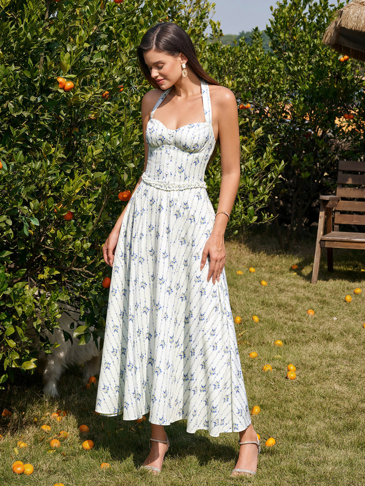 Embellished Halter Button Ruched Maxi Dress#color_bluefloral