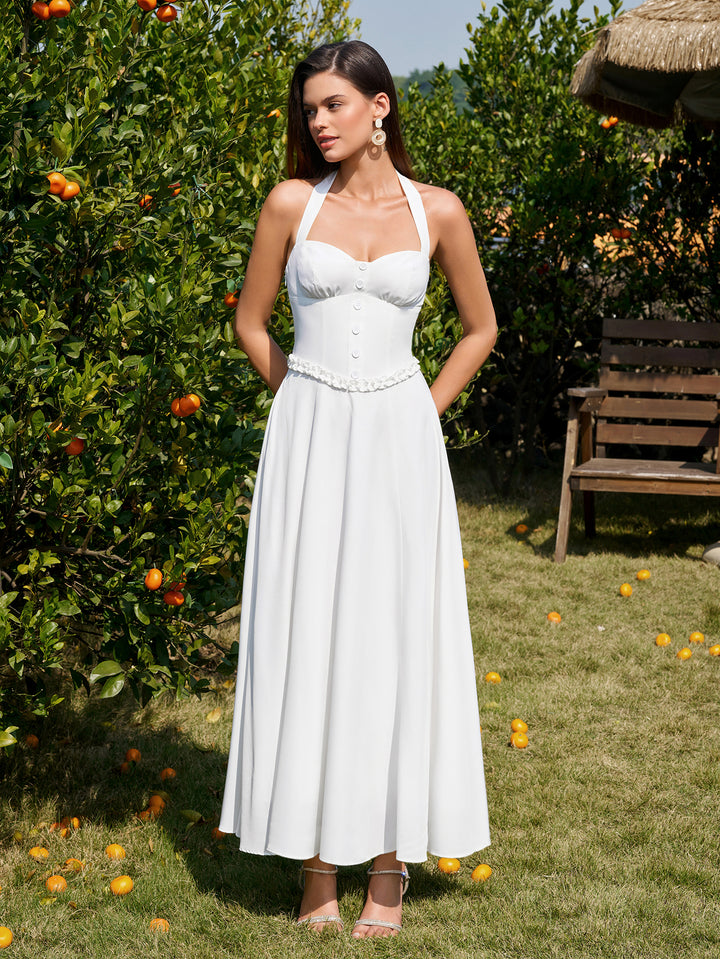 Embellished Halter Button Ruched Maxi Dress#color_white