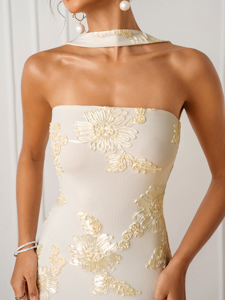 Backless Jacquard Halter Split Mesh Dress