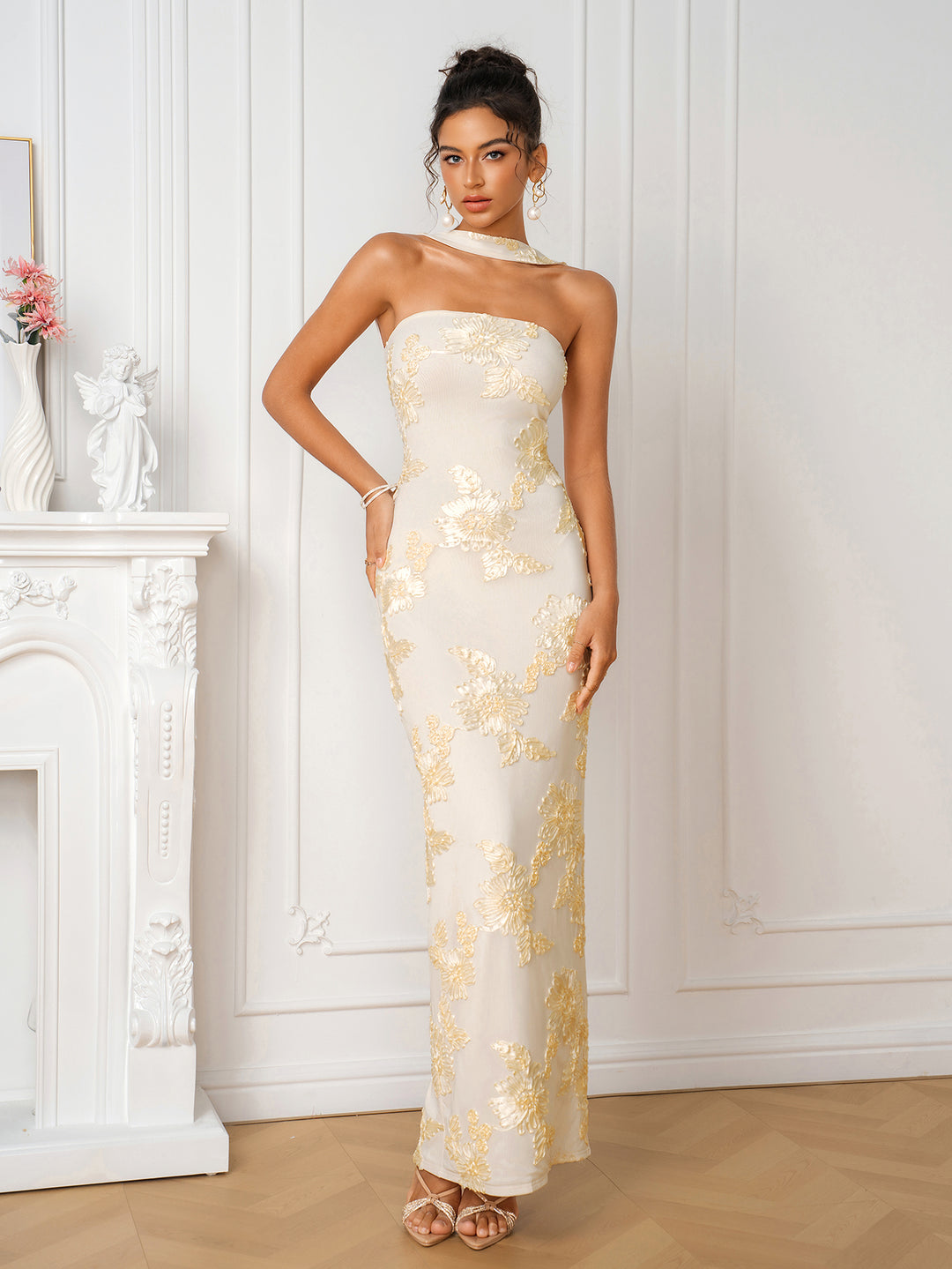 Backless Halter Jacquard Split Mesh Dress