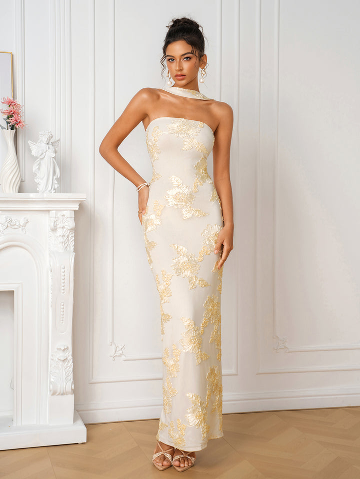 Backless Halter Jacquard Split Mesh Dress