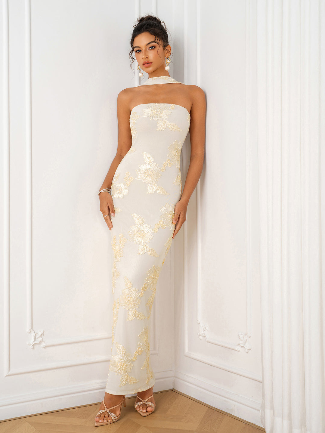 Jacquard Backless Halter Split Mesh Dress