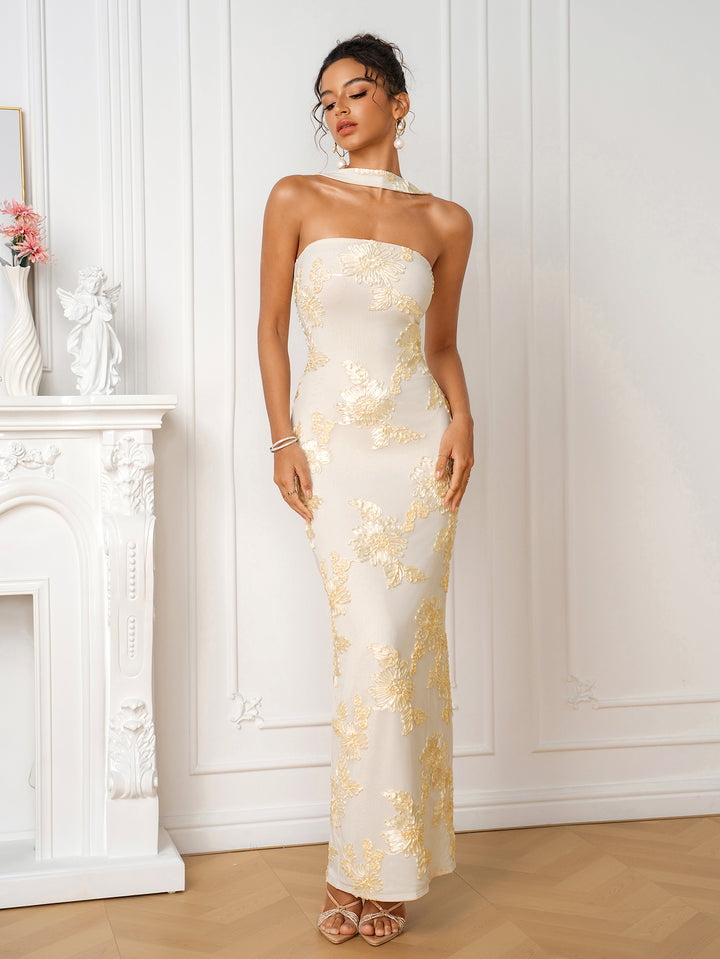 Jacquard Halter Backless Split Mesh Dress