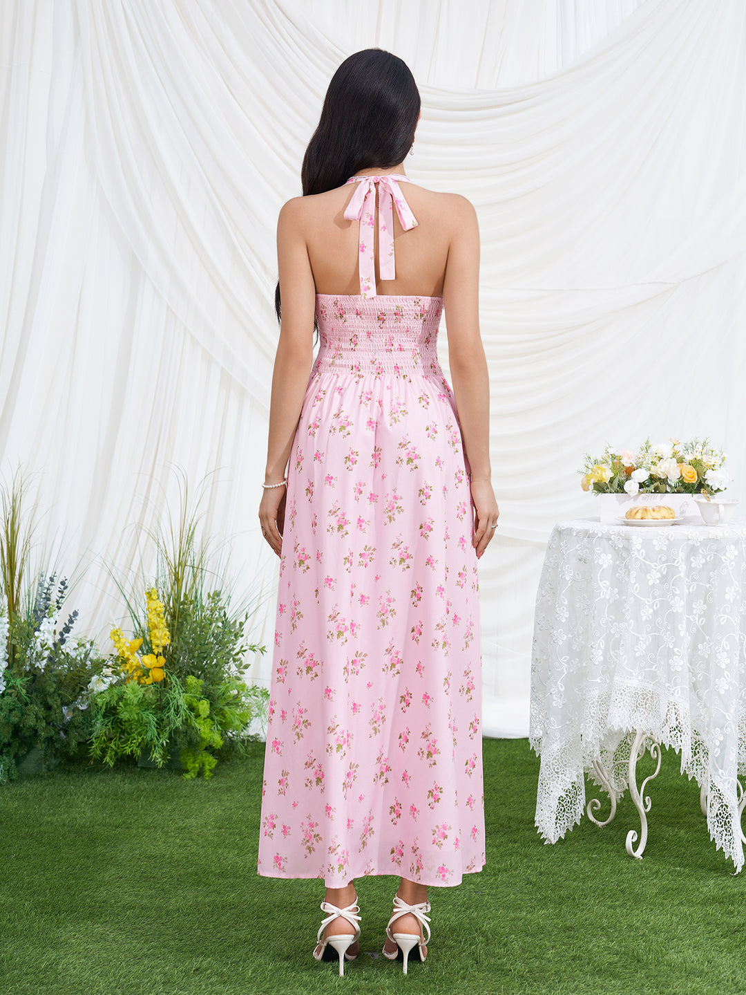 Halter Trim Lace Split Floral Print Dress